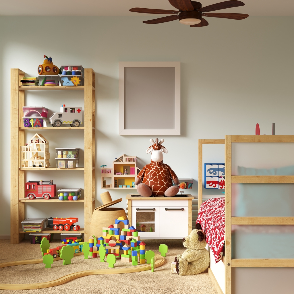 kid's bedroom filled with toys on white background
